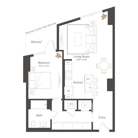Floor plan for 1 bed, 1 bath, 790 sqft