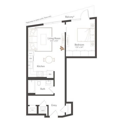 Floor plan for 1 bed, 1 bath, 664 sqft