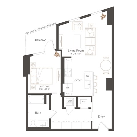 Floor plan for 1 bed, 1 bath, 790 sqft