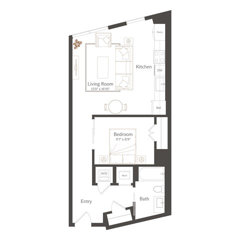 Floor plan for 1 bed, 1 bath, 695 sqft