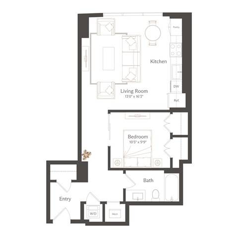 Floor plan for 1 bed, 1 bath, 740 sqft