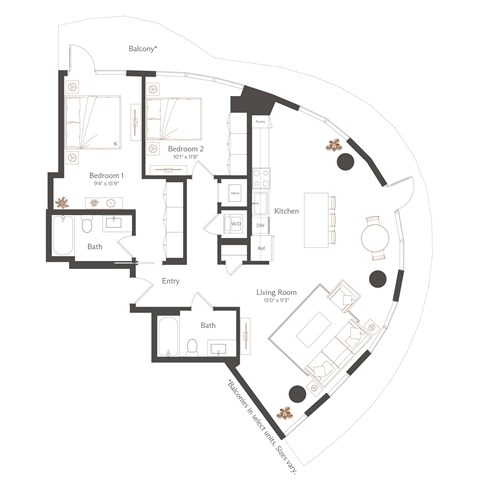 Floor plan for 2 beds, 2 baths, 1233 sqft