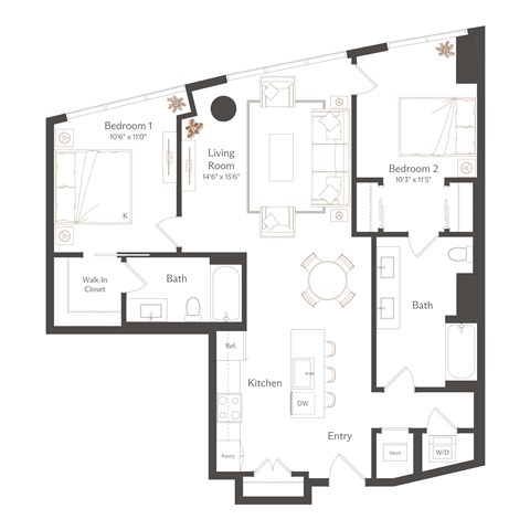 Floor plan for 2 beds, 2 baths, 1129 sqft