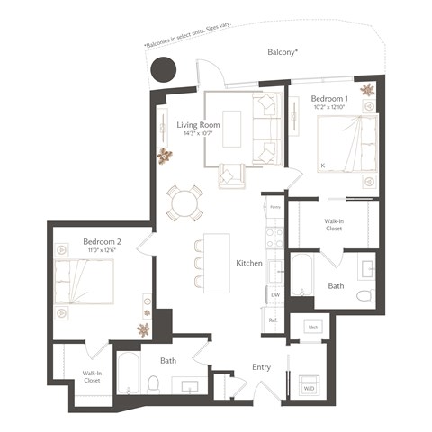 Floor plan for 2 beds, 2 baths, 1079 sqft
