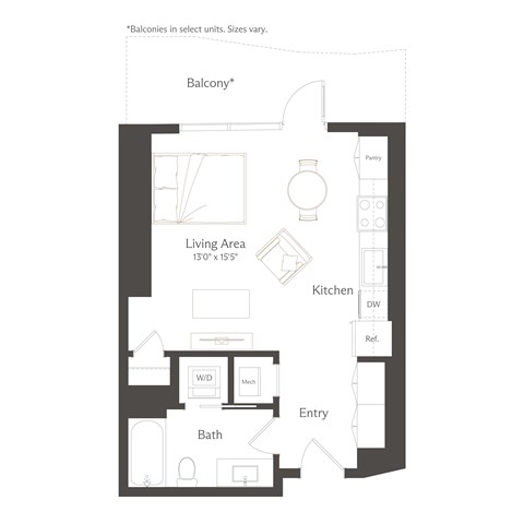 Floor plan for studio, 1 bath, 515 sqft