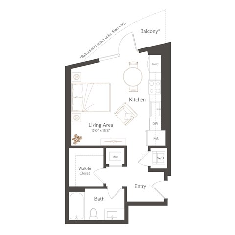 Floor plan for studio, 1 bath, 512 sqft