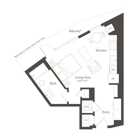 Floor plan for studio, 1 bath, 508 sqft