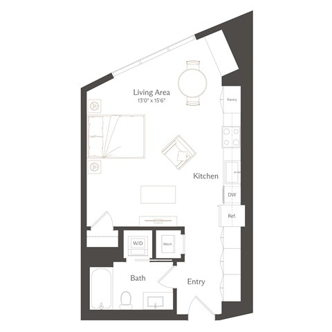 Floor plan for studio, 1 bath, 611 sqft
