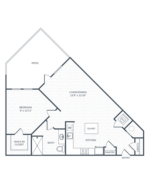 Floor plan for 1 bed, 1 bath, 764 sqft