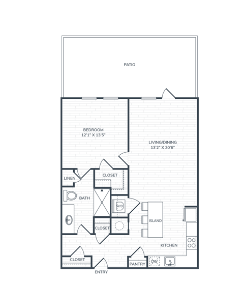 Floor plan for 1 bed, 1 bath, 793 sqft