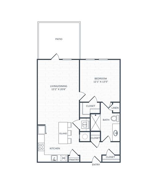 Floor plan for 1 bed, 1 bath, 792 sqft