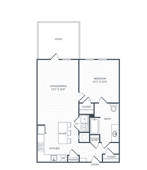 Floor plan for 1 bed, 1 bath, 792 sqft