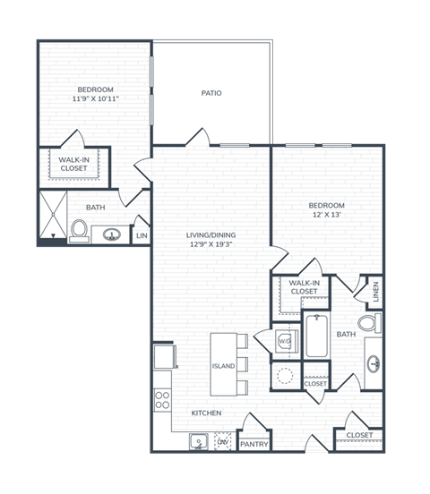Floor plan for 2 beds, 2 baths, 1044 sqft