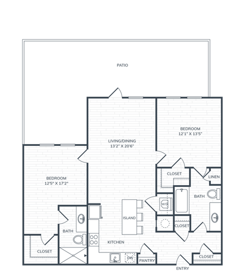 Floor plan for 2 beds, 2 baths, 1067 sqft