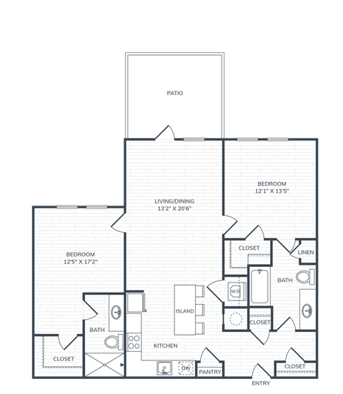 Floor plan for 2 beds, 2 baths, 1067 sqft