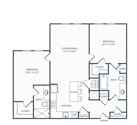 Floor plan for 2 beds, 2 baths, 1067 sqft
