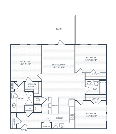 Floor plan for 3 beds, 2 baths, 1226 sqft