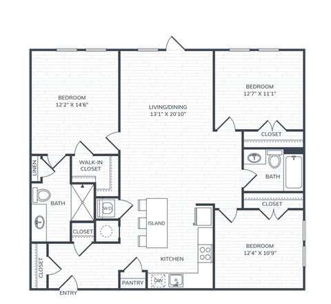 Floor plan for 3 beds, 3 baths, 1233 sqft