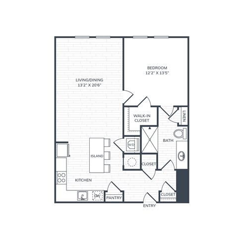 Floor plan for 1 bed, 1 bath, 785 sqft
