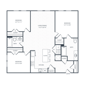 Floor plan for 3 beds, 2 baths, 1226 sqft