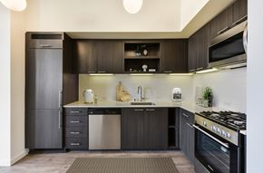 San Francisco apartment for rent - A modern kitchen with dark wood cabinets and stainless steel appliances.