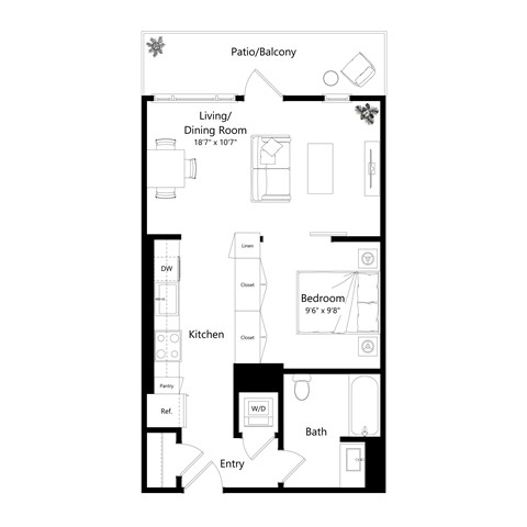 Floor plan for 1 bed, 1 bath, 650 sqft