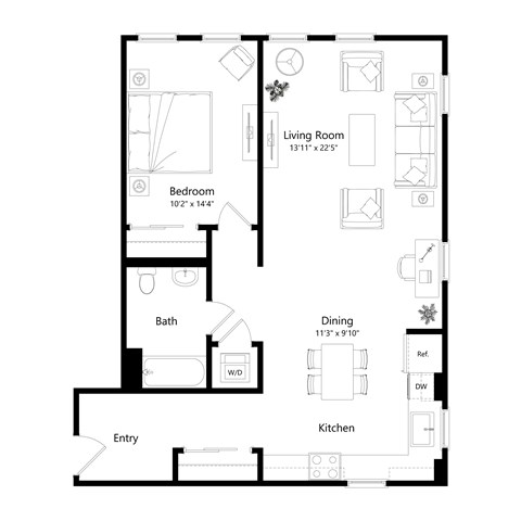 Floor plan for 1 bed, 1 bath, 750 sqft