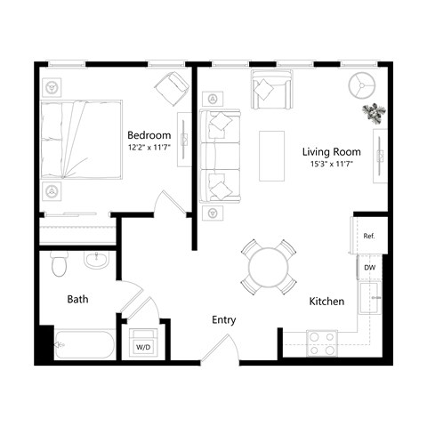 Floor plan for 1 bed, 1 bath, 643 sqft