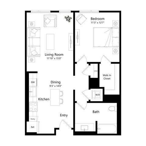 Floor plan for 1 bed, 1 bath, 805 sqft