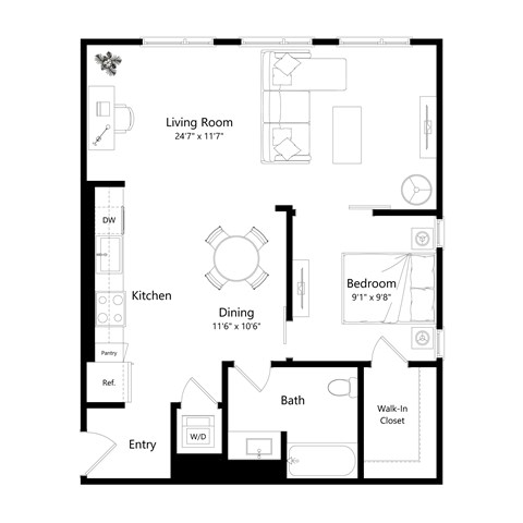 Floor plan for 1 bed, 1 bath, 832 sqft