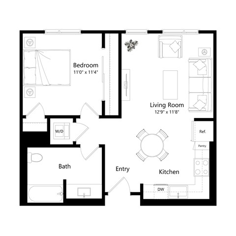 Floor plan for 1 bed, 1 bath, 692 sqft