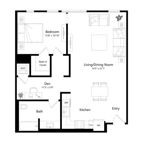 Floor plan for 1 bed, 1 bath, 943 sqft