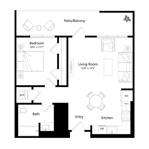 Floor plan for 1 bed, 1 bath, 765 sqft