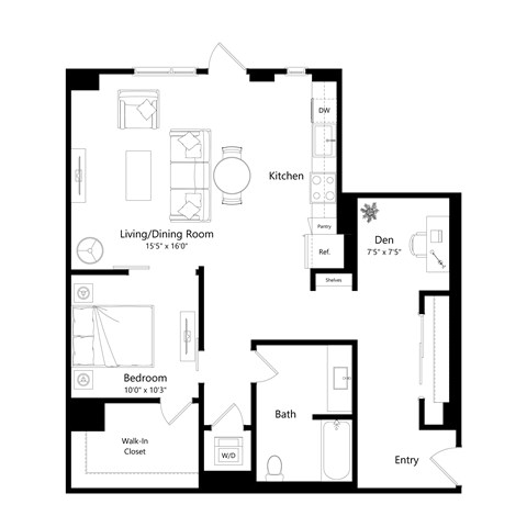 Floor plan for 1 bed, 1 bath, 1061 sqft