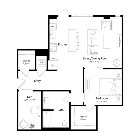 Floor plan for 1 bed, 1 bath, 994 sqft