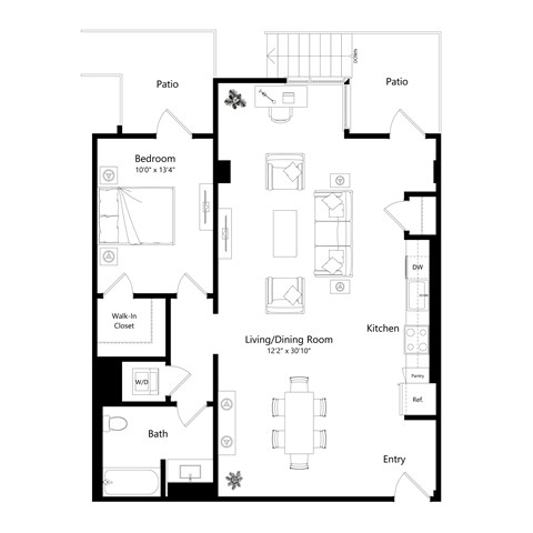 Floor plan for 1 bed, 1 bath, 1090 sqft