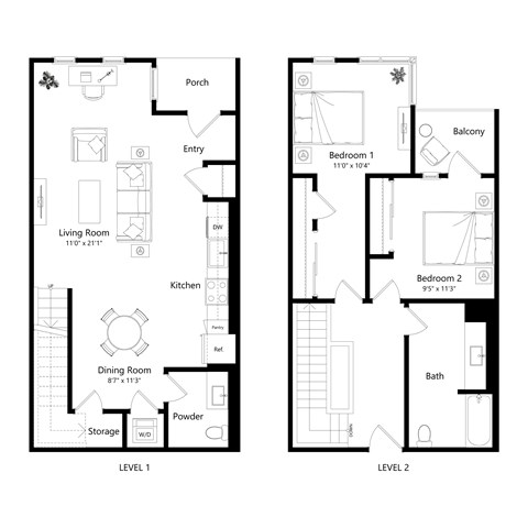 Floor plan for 2 beds, 1.5 baths, 1388 sqft