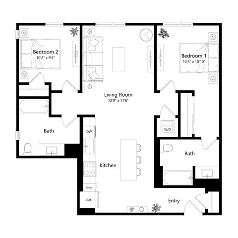 Floor plan for 2 beds, 2 baths, 1072 sqft