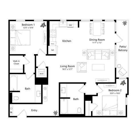 Floor plan for 2 beds, 2 baths, 1217 sqft