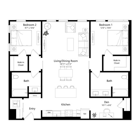 Floor plan for 2 beds, 2 baths, 1300 sqft