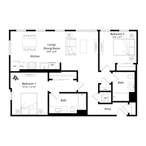 Floor plan for 2 beds, 2 baths, 1078 sqft