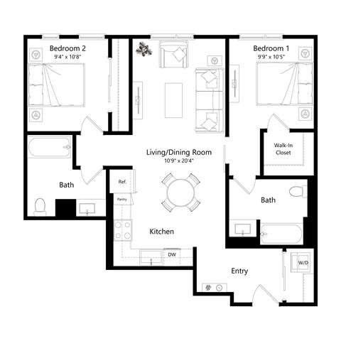 Floor plan for 2 beds, 2 baths, 971 sqft
