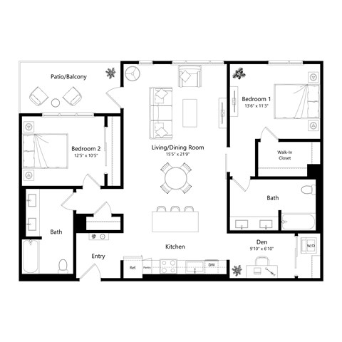 Floor plan for 2 beds, 2 baths, 1329 sqft