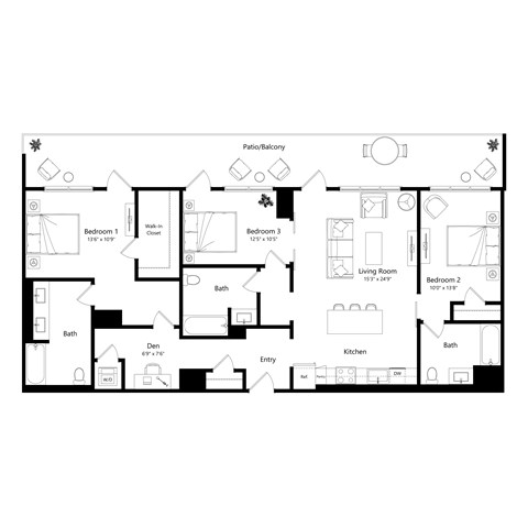 Floor plan for 2 beds, 2 baths, 1061 sqft
