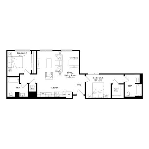 Floor plan for 2 beds, 2 baths, 1002 sqft