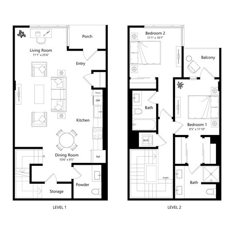 Floor plan for 2 beds, 2 baths, 1388 sqft