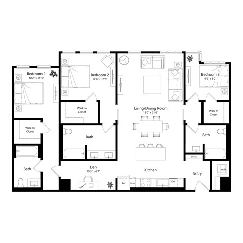 Floor plan for 3 beds, 3 baths, 1541 sqft