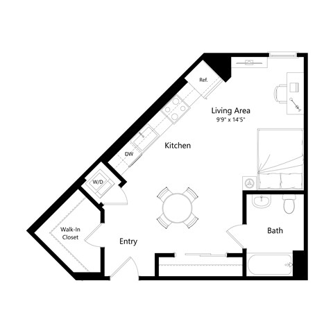 Floor plan for studio, 1 bath, 499 sqft