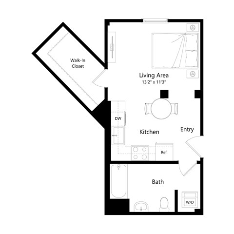Floor plan for studio, 1 bath, 385 sqft