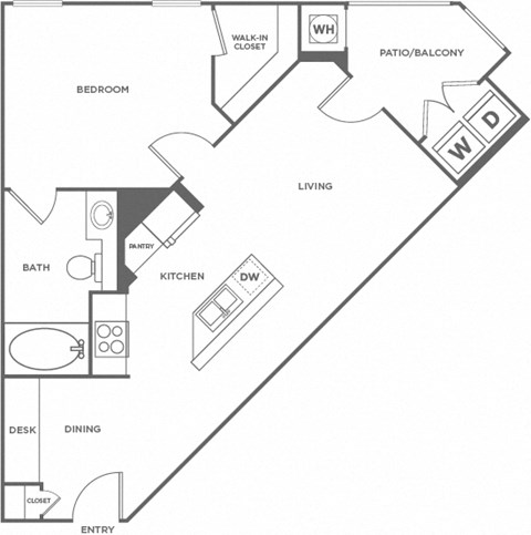 Floor plan for 1 bed, 1 bath, 630 sqft